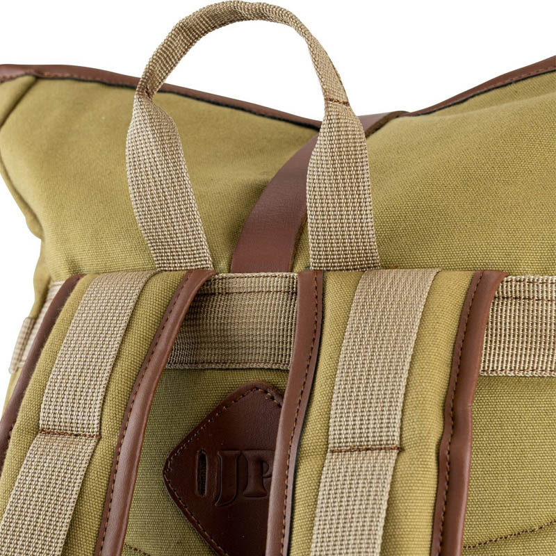 fawn brown beige cream heavy cotton canvas roll top backpack padded shoulder straps and grip hook